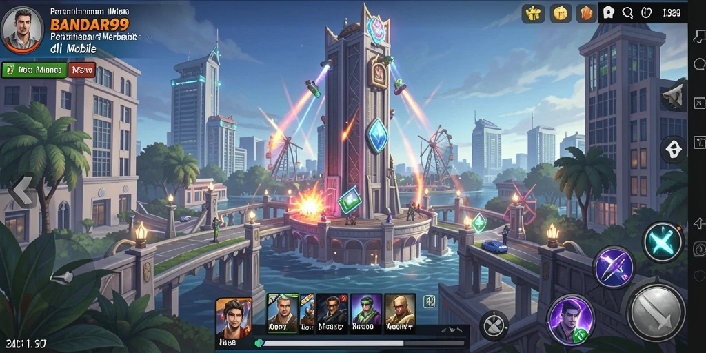 Screenshot gameplay BANDAR99 menampilkan aksi pertahanan menara yang epik.