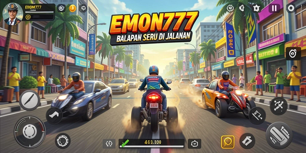 Screenshot EMON777 menunjukkan aksi balapan yang intens dan seru.