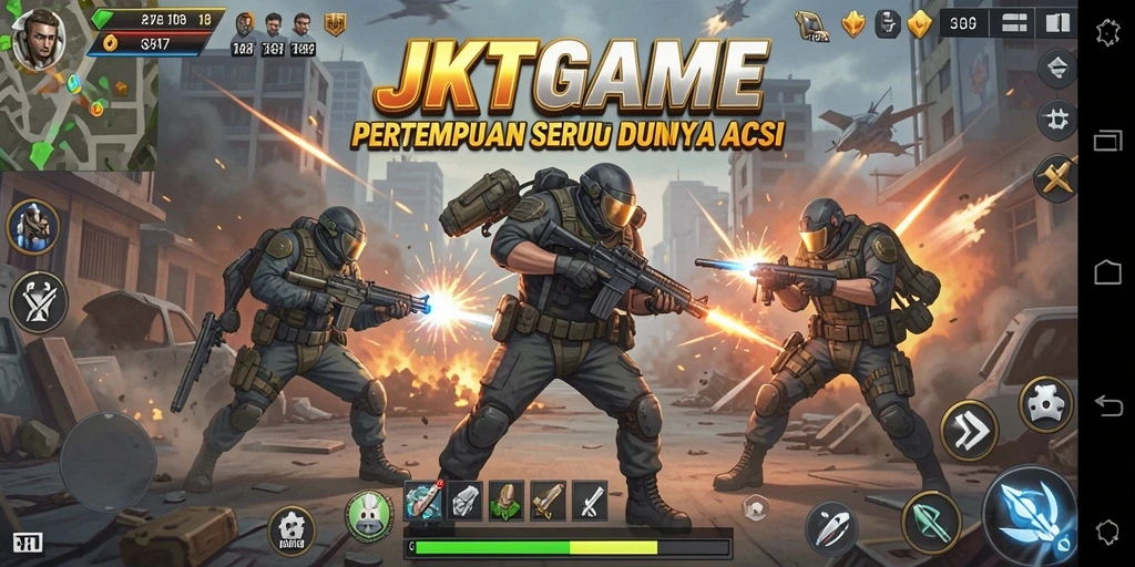 Tangkapan layar utama JKTGAME menunjukkan aksi mendebarkan di medan tempur.