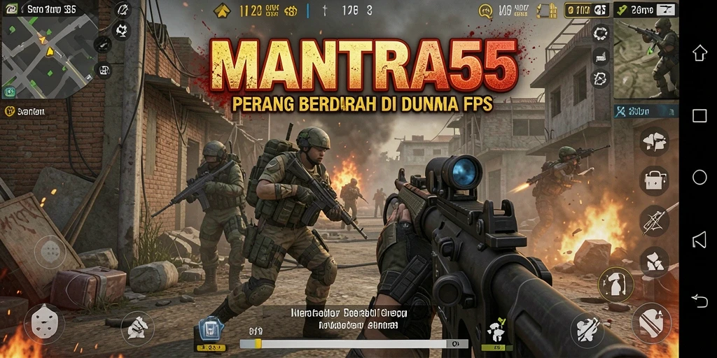 Screenshot gameplay MANTRA55 dengan aksi seru di medan tempur.