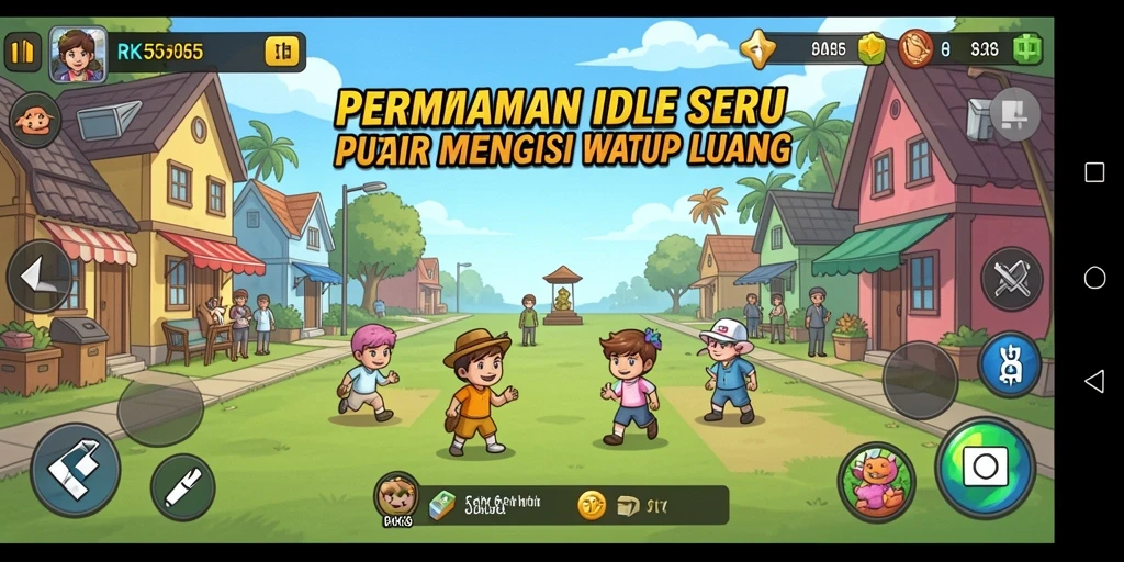 Tampilan gameplay RK55 yang menarik dengan elemen Idle yang menyenangkan.