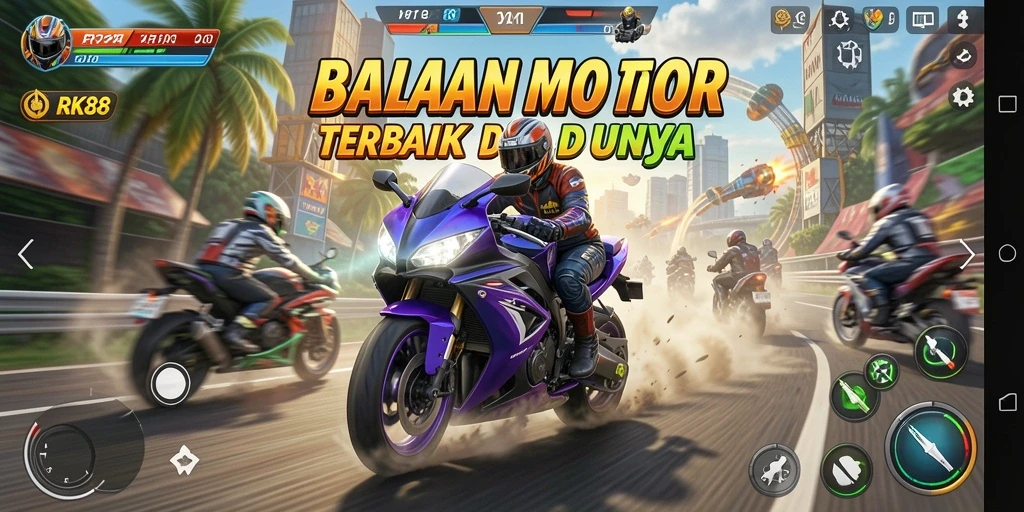 Screenshot RK88 menampilkan aksi balapan motor yang mendebarkan dan grafik berkualitas tinggi.