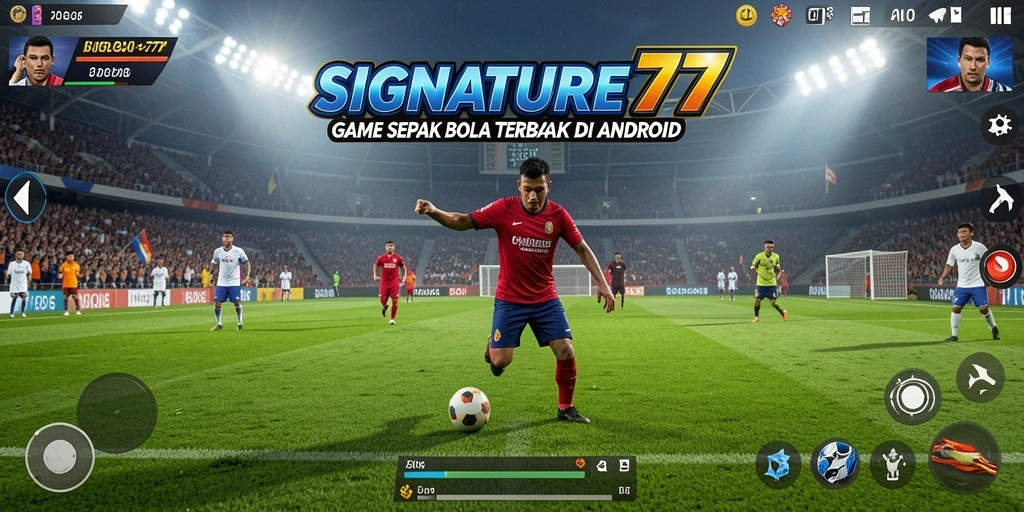 Screenshot utama SIGNATURE77 menampilkan aksi seru di lapangan sepak bola.