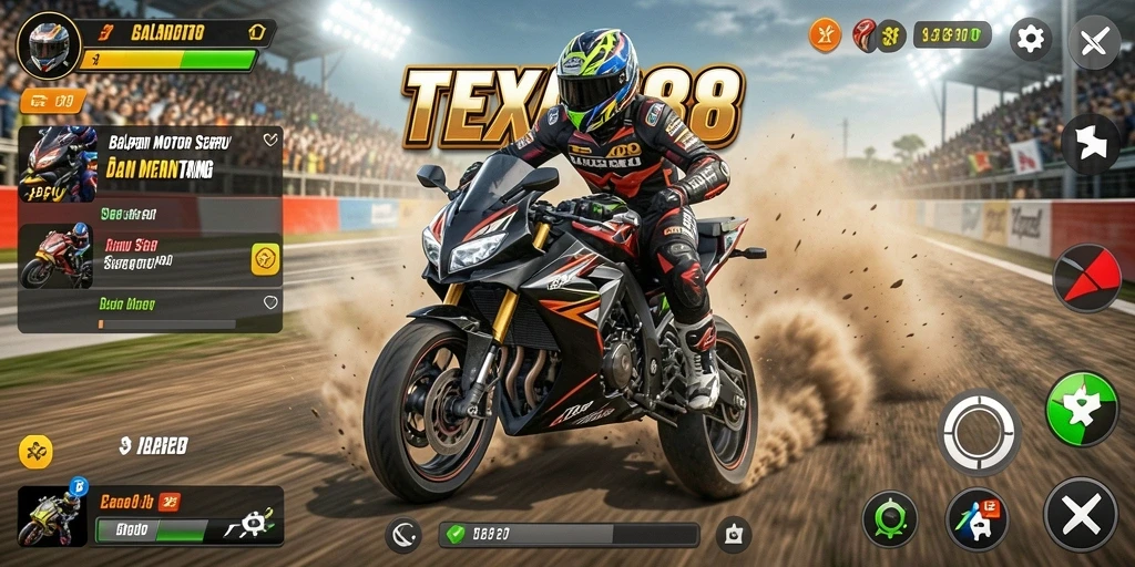 Gameplay seru TEXAS88 menampilkan balapan motor mendebarkan di trek yang menantang.