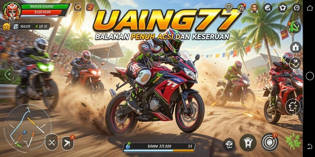 Screenshot gameplay UANG77 yang menampilkan balapan motor seru.